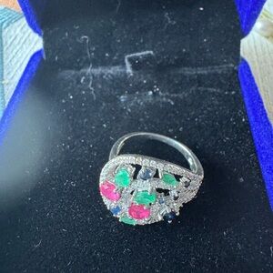 Multi gem rhodium plated sterlingElegant Silver Ring